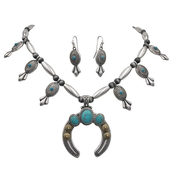 Squash Blossom Turquoise Stone Necklace Set - Picture 1 of 3